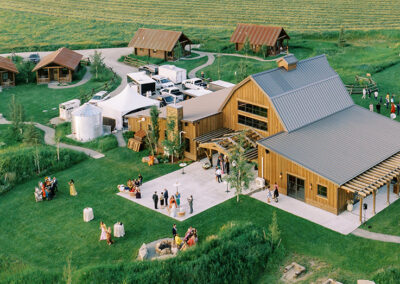 Birds eye view of a Montana wedding with high-top tent and dance floor rentals.