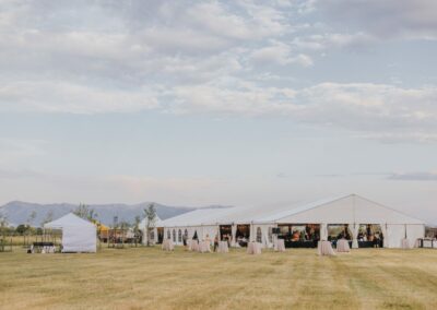 View of tents set up in a field for a local event in Bozeman Montana